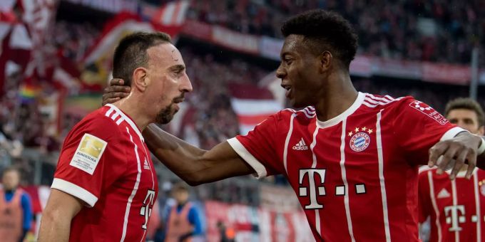 Ribery und Alaba bejubeln einen Treffer. Ribery und Alaba bejubeln einen Treffer.