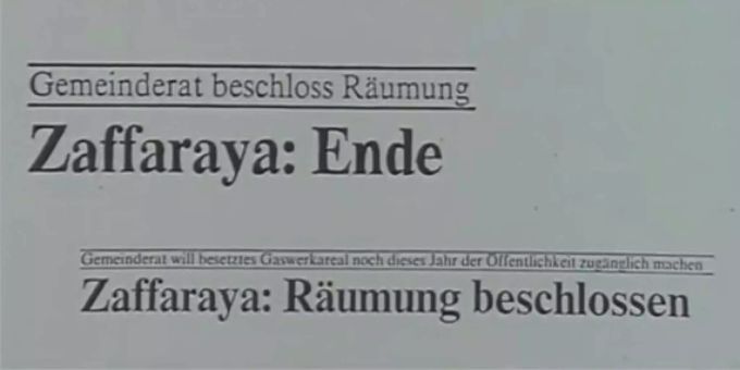 Der Räumungsbeschluss des Gaswerkareals im Jahr 1987. Der Räumungsbeschluss des Gaswerkareals im Jahr 1987.