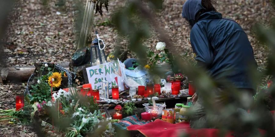 Kerzen und Blumen stehen an dem Ort im Hambacher Forst, an dem ein Journalist nach einem Sturz von einem Baum gestorben ist.