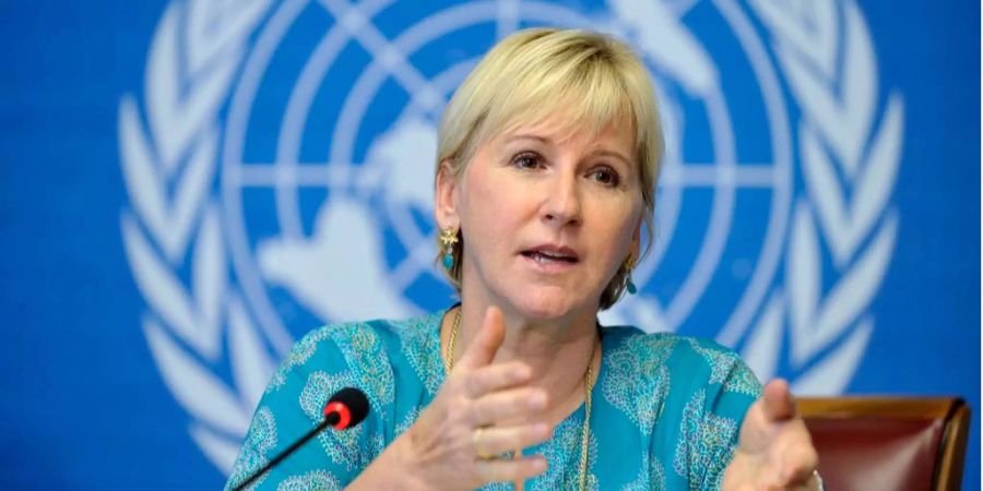 Schweden Aussenministerin Margot Wallström spricht während einer Pressekonferenz als damalige UN-Sonderbeauftragte gegen sexuelle Gewalt an Frauen in Genf.