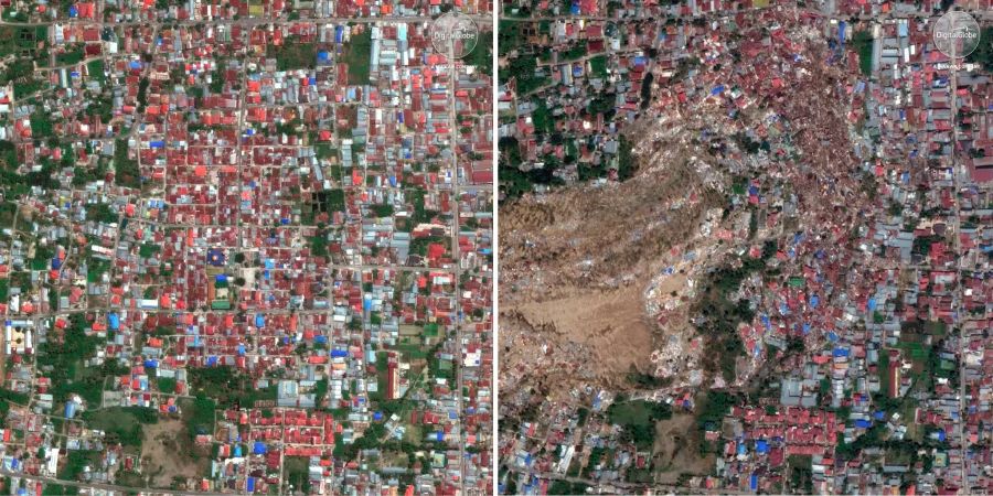 Die Bildkombo von Digitalglobe zur Verfügung gestellten Satellitenaufnahmen zeigt das Stadtviertel Balora in der indonesischen Stadt Palu einmal vor einem Erdbeben und Tsunami (l.) und einmal danach (r.), durch die Auswirkungen zerstört.