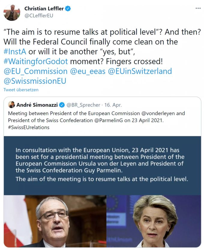 Der für die Schweiz zuständige Diplomat im Europäischen Auswärtigen Dienst (EAD), Christian Leffler, hofft auf eine baldigen Erfolg beim Rahmenabkommen, befürchtet aber ein weiteres «Warten auf Godot». Christian Leffler EU Rahmenabkommen