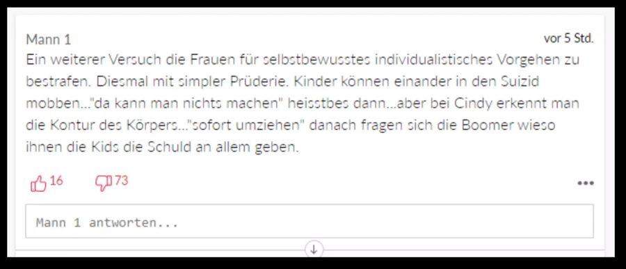 Für diesen Leser ist das Vorgehen der Schule hinderlich für die weibliche Entwicklung.