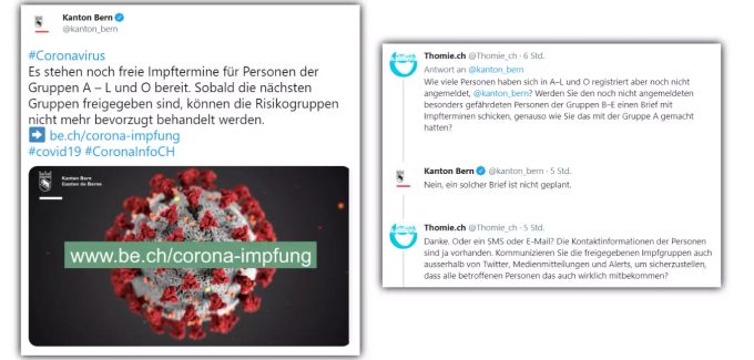 Der Kanton Bern kündigt via Twitter freie Impftermine gegen das Coronavirus an, die registrierten Personen aus den betreffenden Gruppen werden aber nicht direkt kontaktiert. Kanton Bern Impfung Coronavirus