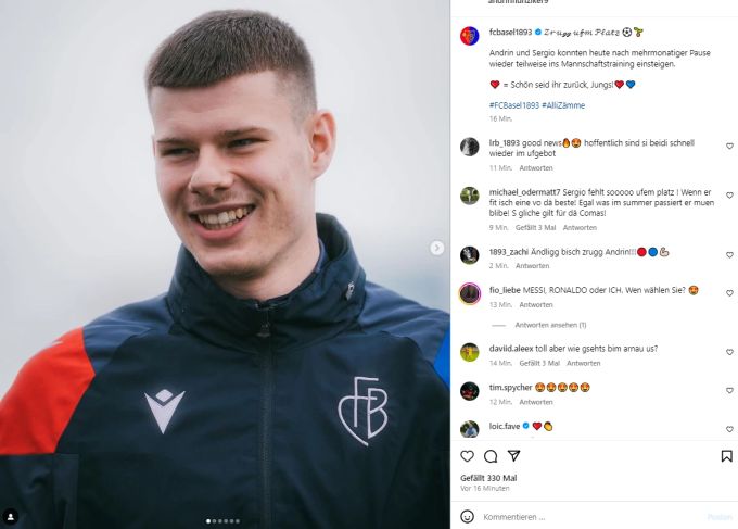 Andrin Hunziker hat Grund zum Lachen: Der Angreifer kehrt ins Mannschaftstraining des FC Basel zurück. FC Basel