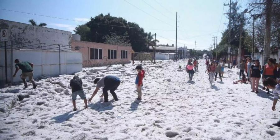 Kinder begutachten die dicke Hagelschicht auf einer Strasse in der Stadt Guadalajara. Foto: El Universal via ZUMA Wire
