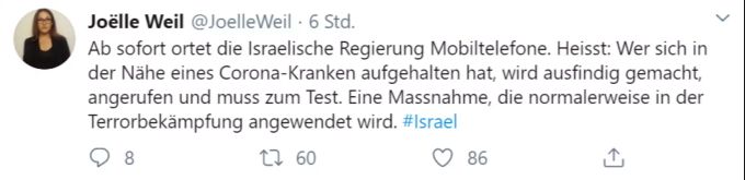 Laut Journalistin Joelle Weil ortet die israelische Regierung ab sofort Mobiltelefone. corona