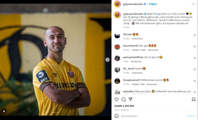 Bei Dynamo Dresden wird Rückkehrer Akaki Gogia mit einem Vertrag bis 2024 ausgestattet. Akaki Gogia