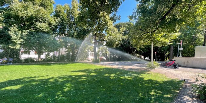 Die Bewässerungsanlage an der Theodorsgrabenanlage. Bäume im Sommer