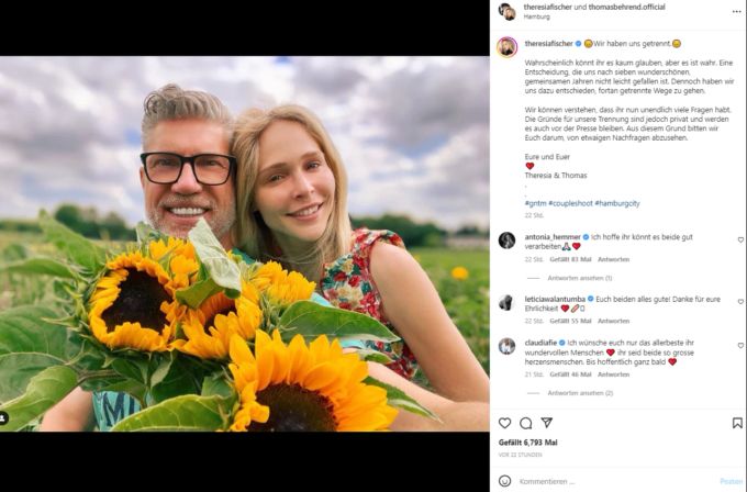 Die ehemalige «GNTM»-Kandidatin Theresia Fischer und ihr 28 Jahre älterer Mann haben sich getrennt. Theresia Fischer