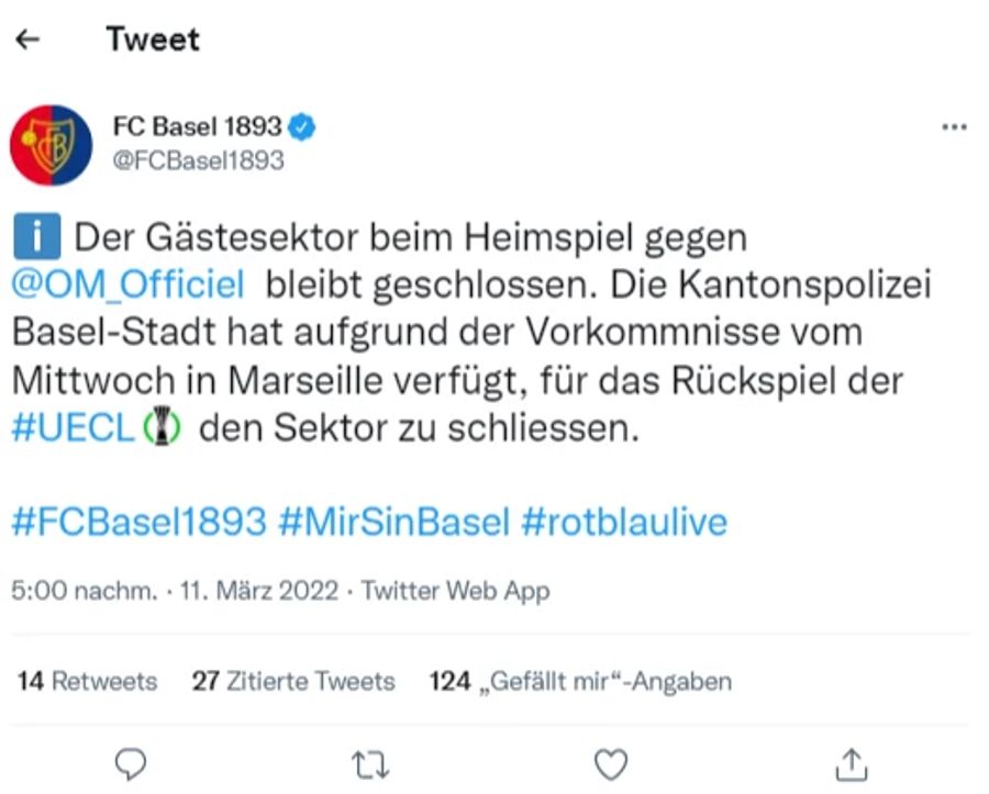 Der FC Basel teilt mit, dass der Gästesektor zubleibt.