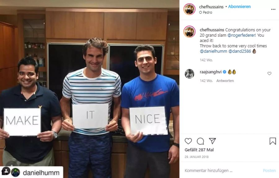 Roger Federer wurde von den beiden Topköchen Hussain Shahzad (l) und Daniel Humm bekocht.