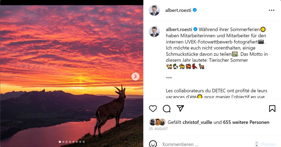 Umweltminister Albert Rösti freut sich wie ein Kind, dass er auch mal Emojis verwenden darf und vergisst auf Insta auch seine Mitarbeiterinnen und Mitarbeiter nicht.