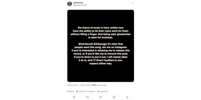 Auf Twitter verkündet der «Ghostwriter» seine Pläne. Ghostwriter KI Musik