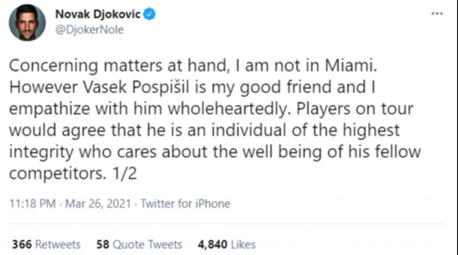 Djokovic verteidigt Posposil auf Twitter.