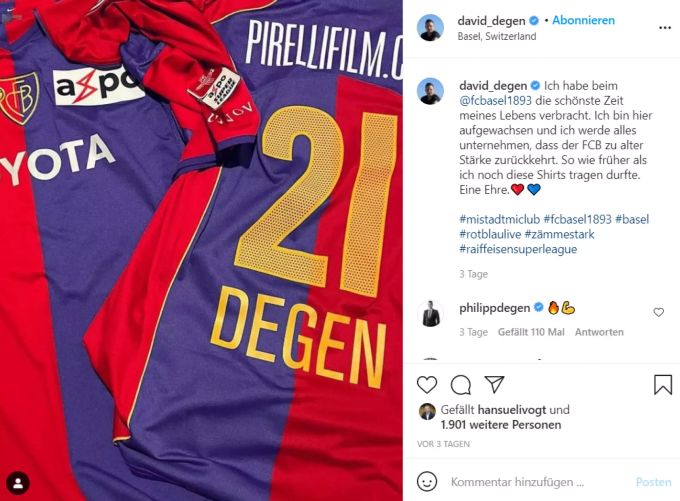 David Degen postete zuletzt auf Instagram, dass er beim FC Basel die schönste Zeit seines Lebens verbracht hat. FC Basel