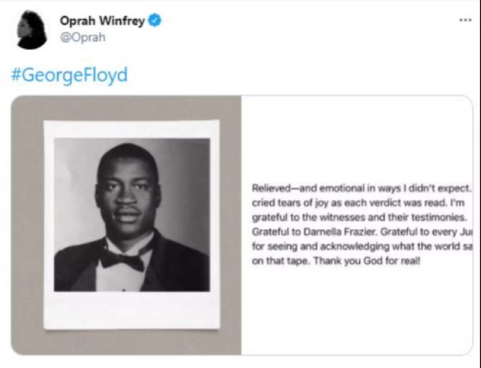 Oprah Winfrey teilte bei ihrem Statement ein Foto von George Floyd. Oprah Winfrey George Floyd