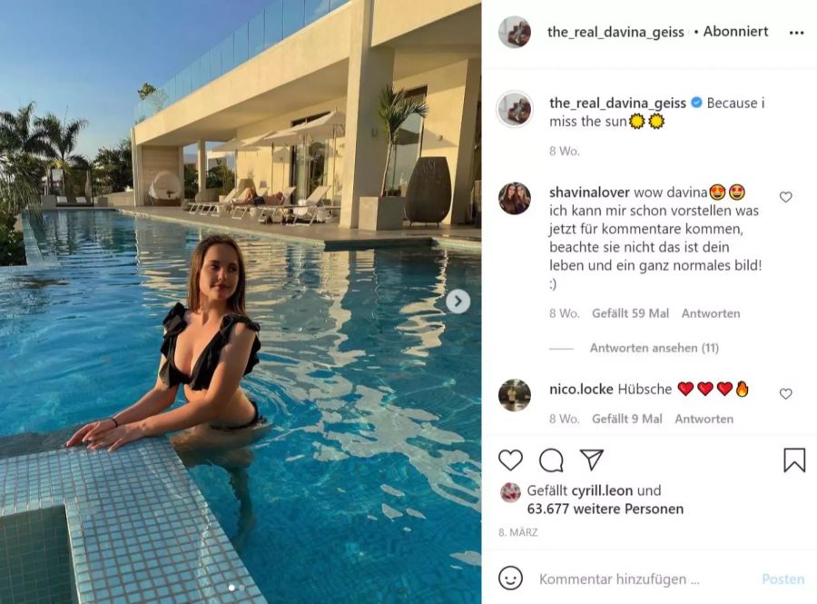 Davina Geiss postet ein Bikini-Bild auf Instagram.