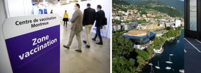Im Montreux Music & Convention Centre M2C2 (rechts) hat der Kanton Waadt neu ein Impfzentrum eingerichtet. Montreux Impfzentrum Waadt Coronavirus