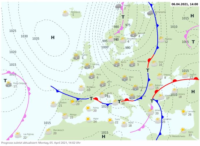 Die Bedingungen für wechselhaftes Aprilwetter sind mit dieser Druckverteilung garantiert. karte wetter