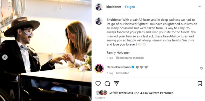 «Du hast deine Verlobte als letzten Akt geheiratet, diese schönen Bilder und dich so glücklich zu sehen, werden immer in unseren Herzen bleiben», schreibt die Familie von Wendy Holdener. kevin holdener wendy holdener