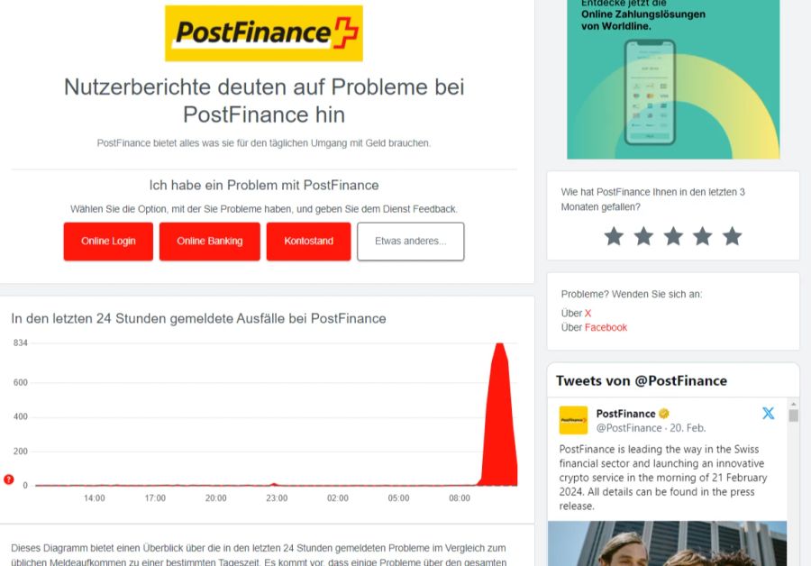 Auf der Plattform «Allestörungen» gingen seit gestern viele Meldungen von Nutzern über Ausfälle bei Postfinance ein.