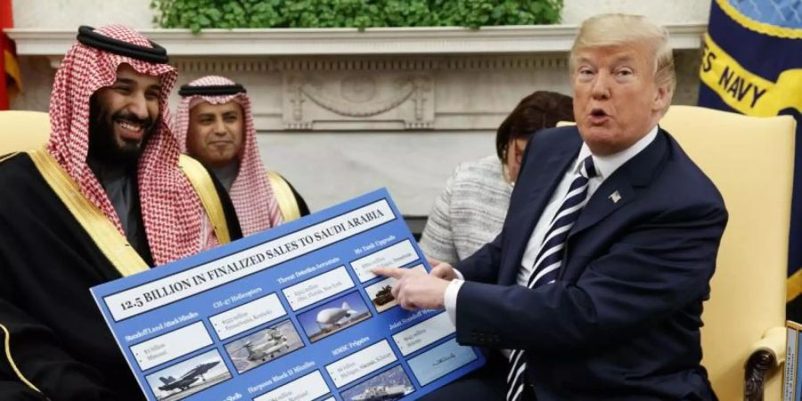 US-Präsident Donald Trump (r) empfängt den saudischen Kronprinzen Mohammed bin Salman 2018 im Weissen Haus und zeigt dabei auf ein Plakat, auf dem die Waffenverkäufe von den USA an Saudi-Arabien detailliert erklärt sind. Foto: Evan Vucci/AP/Archiv