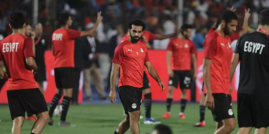 Ägypten mit Liverpool-Star Mohamed Salah (M) steht durch den 2:0-Sieg über Kongo im Achtelfinale des Afrika-Cups. Foto: Gehad Hamdy