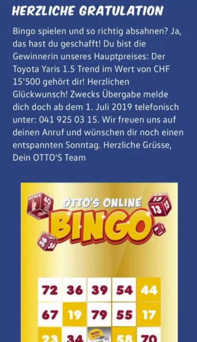 Diese Nachricht wurde den vermeintlichen Gewinnern des Online-Bingos angezeigt. Facebook Otto's Gewinnspiel