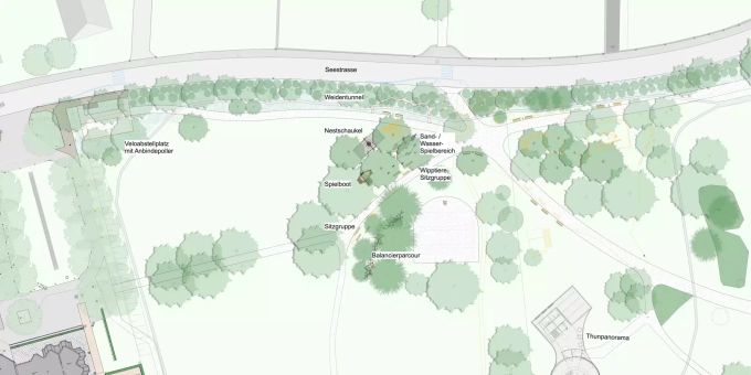 Vogelperspektive: Spielplatz im Schadaupark.