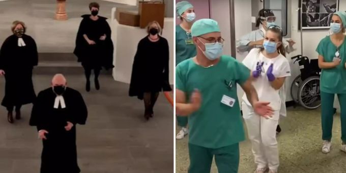 Von Pfarrpersonen aus der ganzen Schweiz (links) bis zum Zürcher Universitätsspital (rechts) haben schweizweit etliche Institutionen an der «Jerusalema-Challenge» teilgenommen. Jerusalema