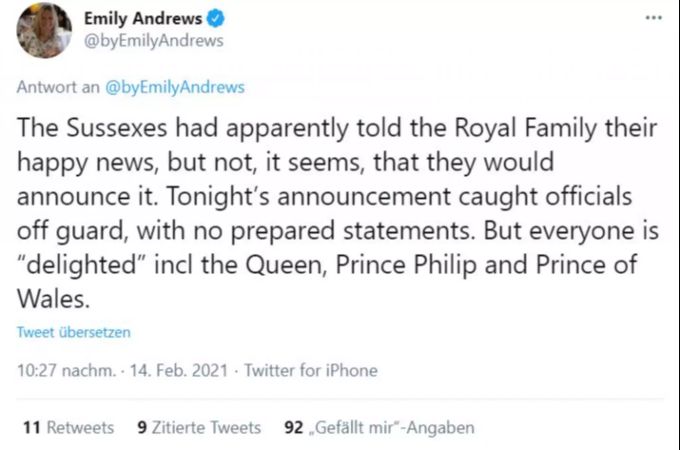 Laut Royal-Reporterin Emily Andrews wussten die Royals nichts von der geplanten Verkündigung. emily