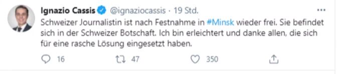 Ignazio Cassis persönlich danke allen, die sich für die Freilassung Tschirkys eingesetzt hatten. Cassis