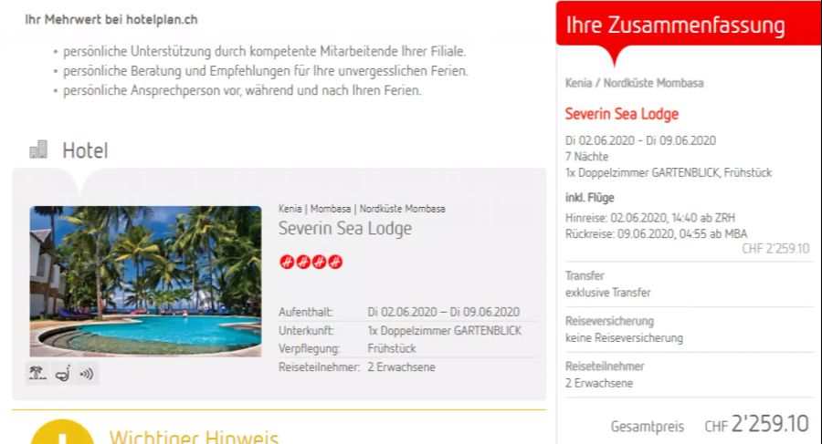 Ein Angebot für Badeferien in Kenia auf der Seite von Hotelplan.