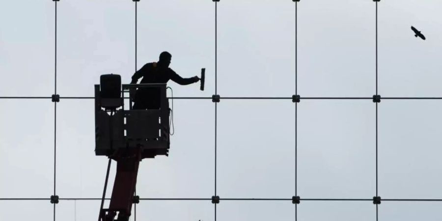 Ein Gebäudereiniger putzt die gläserne Fassade des World Trade Center (WTC) in Dresden. Foto: Sebastian Kahnert/dpa-Zentralbild/dpa