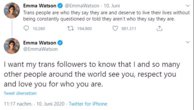 Schauspielerin Emma Watson stellte sich auf Twitter gegen J.K. Rowling. emma watson