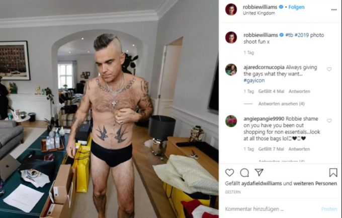 Robbie Williams zeigt sich auf seinem Instagram-Kanal nur mit schwarzer Unterhose. Robbie Williams