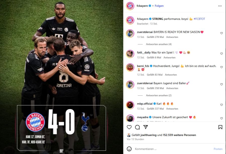 Klarer Favorit: Der FC Bayern siegte mit 4:0 gegen Tottenham Hotspur. (Screenshot)