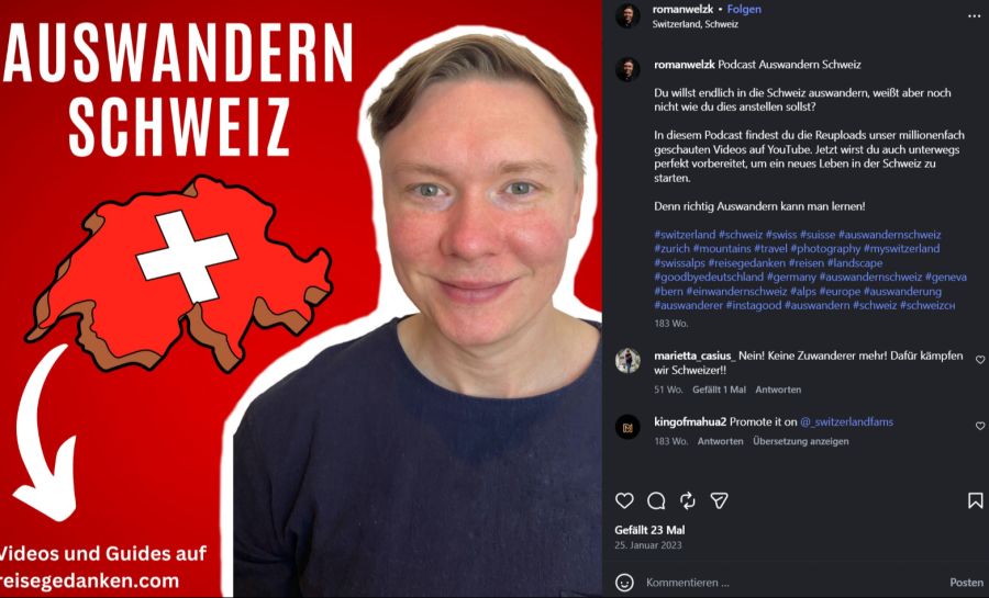 Auch Roman Welzk von «auswandernschweiz» gibt auf seinem Instagram-Konto Tipps für alle, die in die Schweiz auswandern möchten.