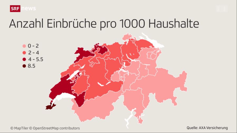 Besonders stark betroffen sind Grenzregionen. Die Kantone Genf, Jura, Waadt und die beiden Basler Kantone verzeichnen die meisten Einbrüche.
