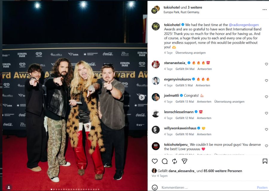 Tokio Hotel gewannen den Award als beste internationale Band 2025.