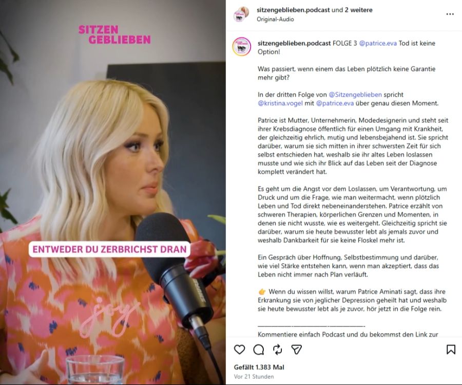 Hier ist Patrice Aminati zu Gast beim Podcast «Sitzengeblieben». Auf Instagram erzählt Kristina Vogel von ihrem Auftritt.