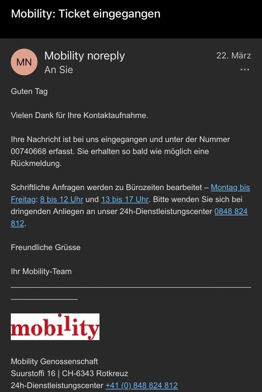 Bis auf eine automatische Antwort haben die beiden Kunden bis heute nichts von Mobility gehört.