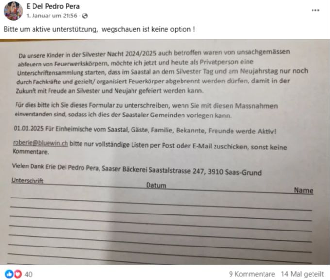 Erie Del Pedro Pera fordert, dass im Saastal nur noch Fachkräfte organisiert Feuerwerke zünden dürfen. Saas-Fee Feuerwerk Fachleute