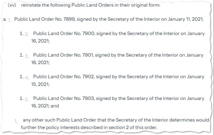 Ausschnitt aus der «Executive Order» mit dem Titel «Alaskas aussergewöhnliches Ressourcen-Potenzial entfesseln», mit einer zumindest ungewöhnlichen Art von Aufzählung. Alaska Executive Order KI