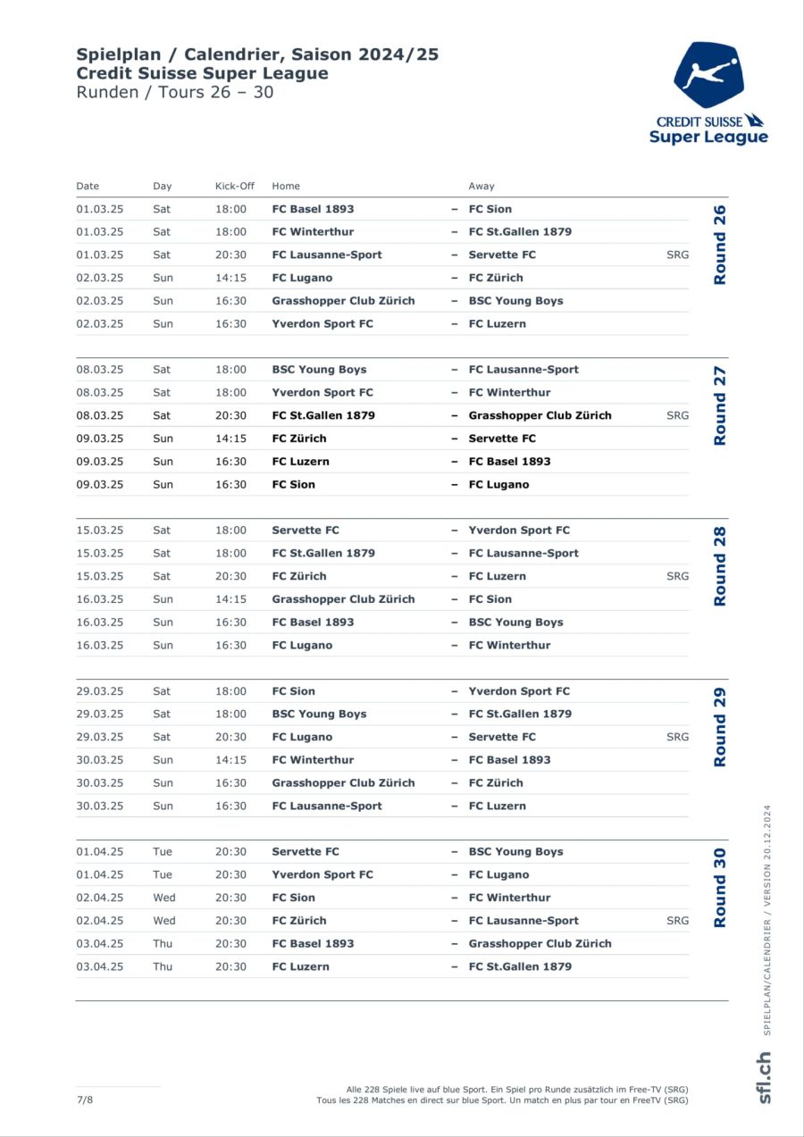 Die Super League hat den Spielplan bis Runde 33 angesetzt.