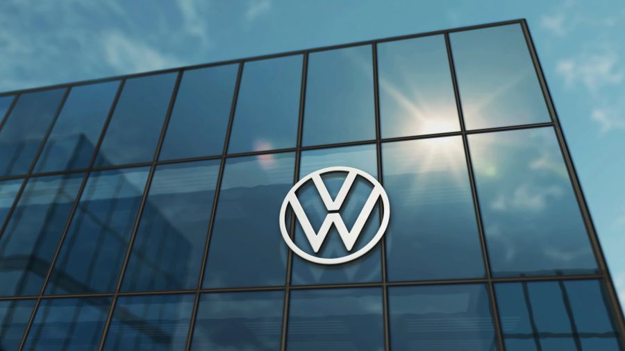 VW-Zentrale Wolfsburg, Logo auf Vorderfassade, 3D Illustration