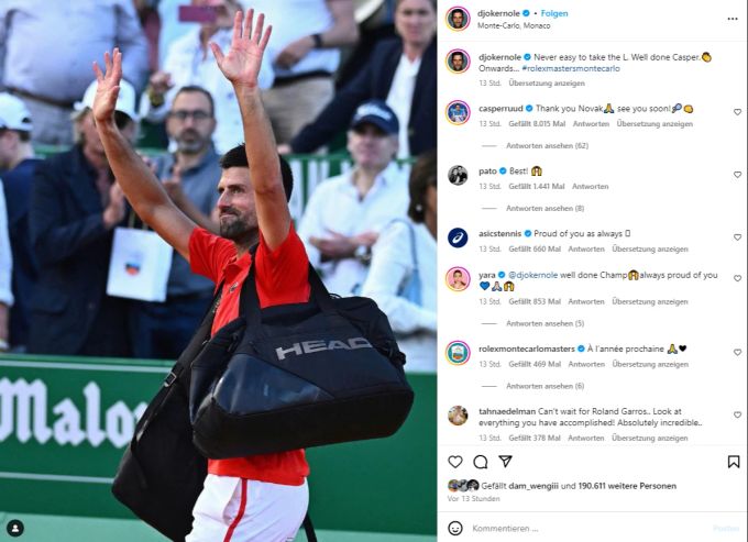 Nach dem Spiel gibt sich Novak Djokovic als fairer Verlierer. Casper Ruud bedankt sich und schreibt: «bis bald». Novak Djokovic