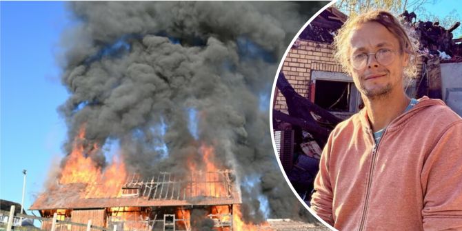 Roman Schildknecht steht vor den Trümmern seiner Scheunen. Das Feuer zerstörte am Samstag zwei Gebäude seines Hofs in Beggetwil - Marino Walser