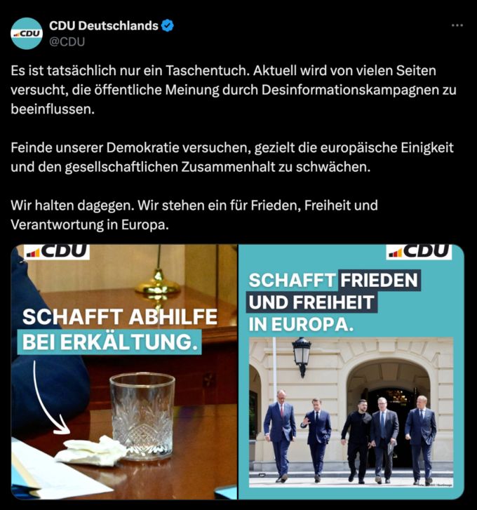 Auch die deutsche CDU bestätigt, dass es sich bei dem Gegenstand neben Macron um ein Taschentuch handelte. Macron